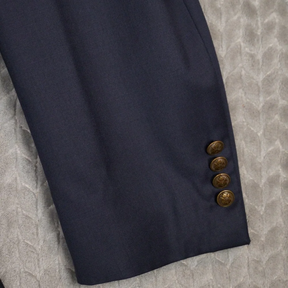 Paul Fredrick Blazer Men 53L Navy Blue Gold Crest Button Wool Sport Coat Classic